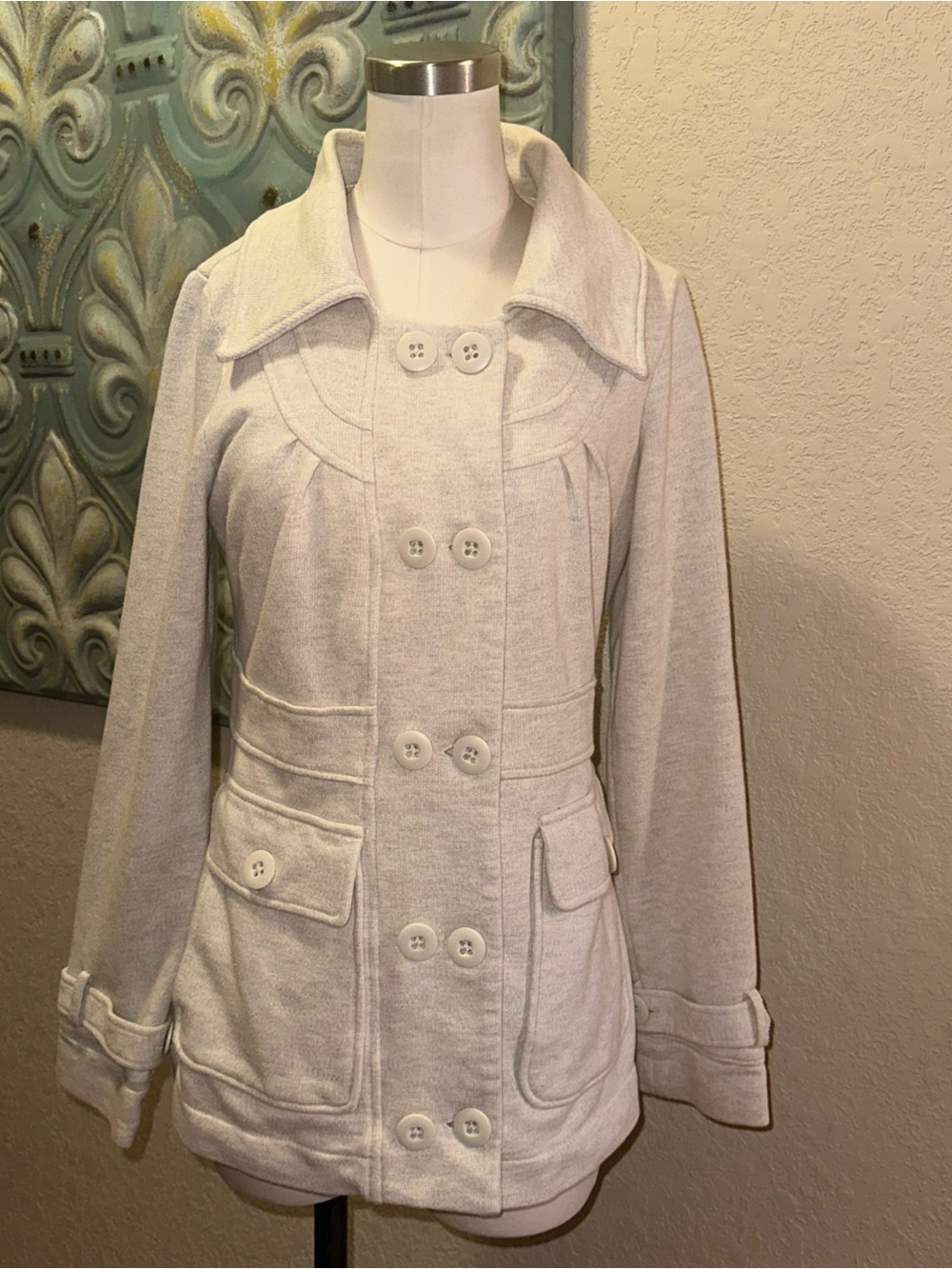 Billabong Womens L Beige Double Breasted Fleece Peacoat Jacket Y2K Military Coat